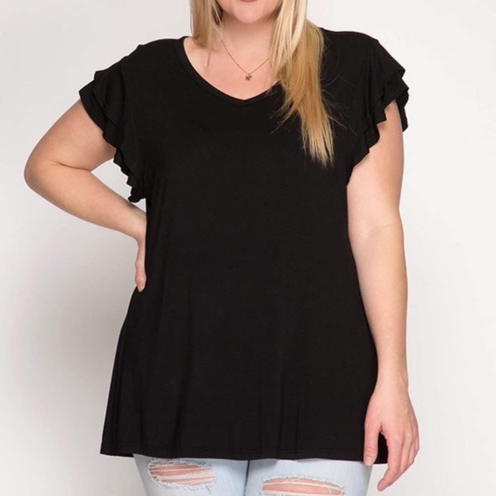 PLUS--Ruffled Short Sleeve Round Neck Knit Top - Picture 6 of 7